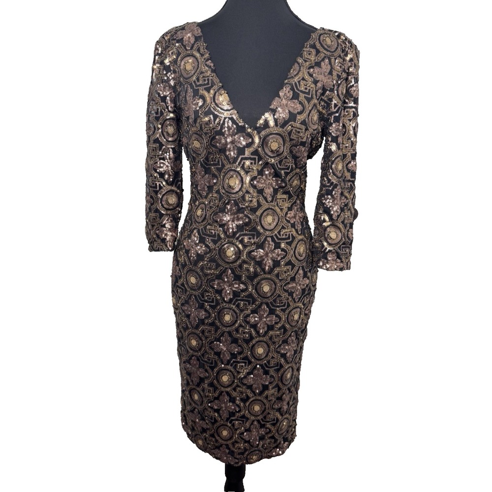 Blush Sequin Bodycon Cocktail Dress M Black Gold 3/4 Sleeve V-Neck & Back